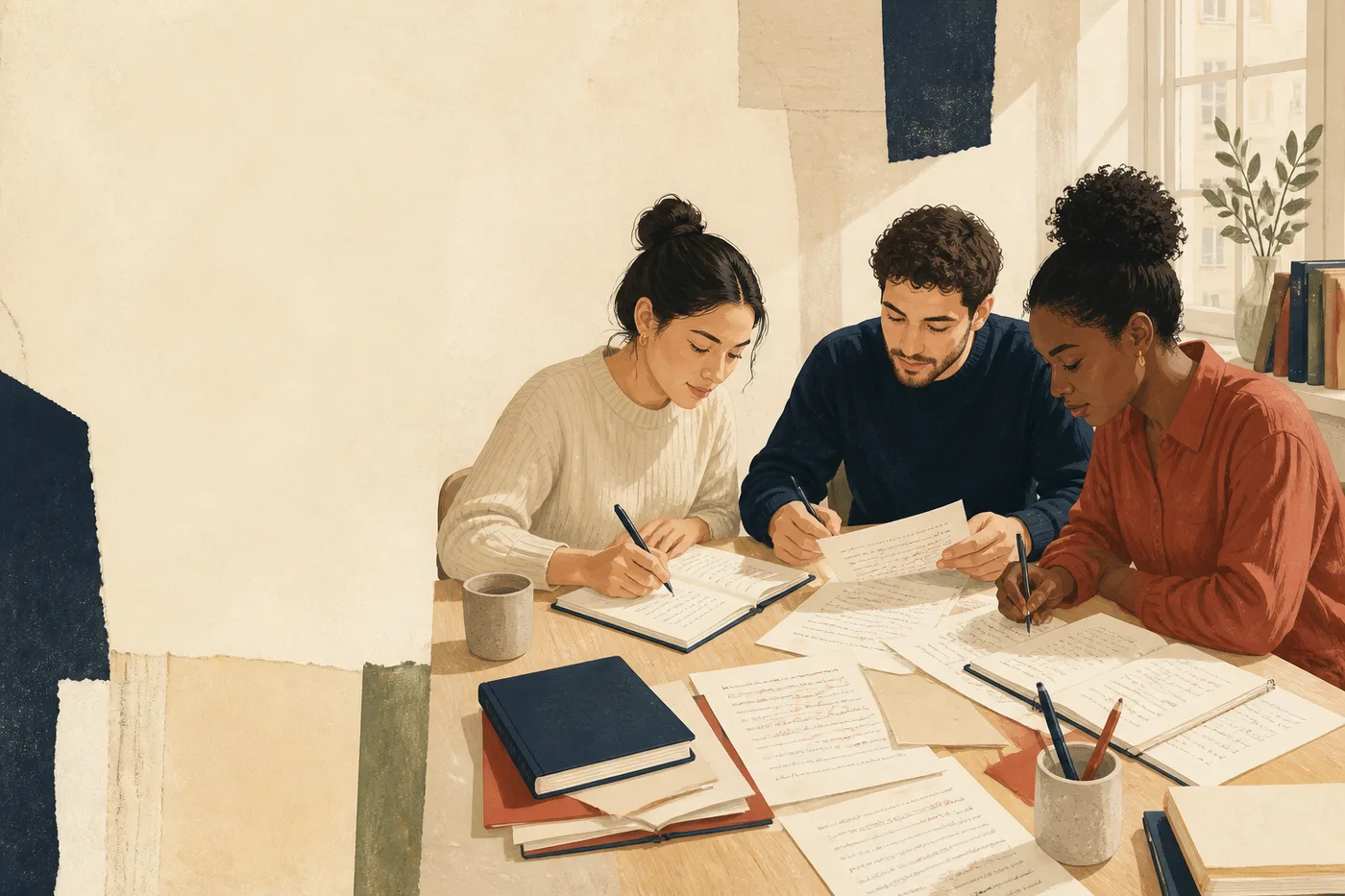 Trois adultes préparent ensemble une épreuve d’expression écrite autour d’une table