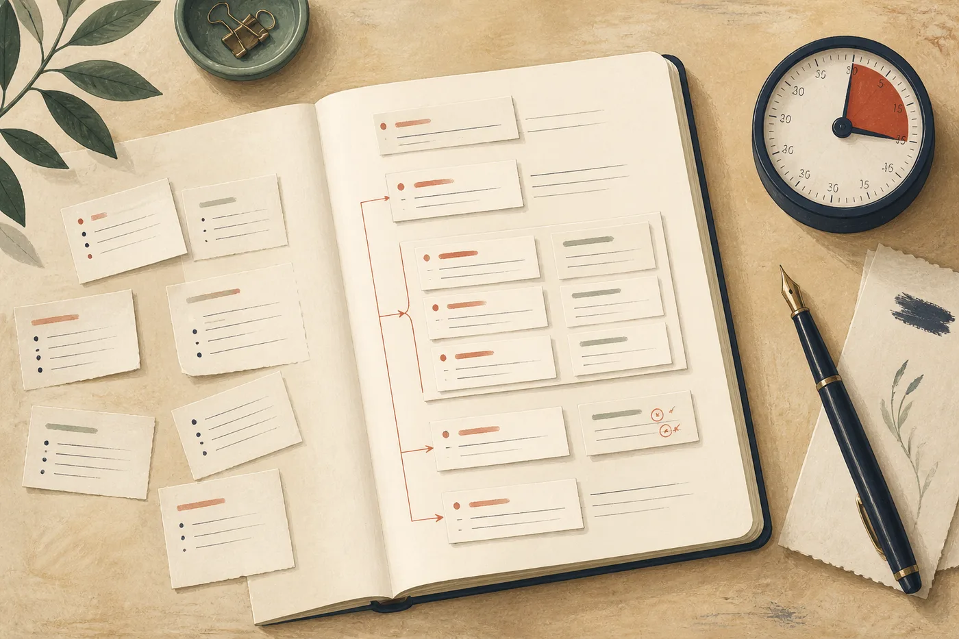 Carnet ouvert montrant l’organisation visuelle d’un plan de rédaction